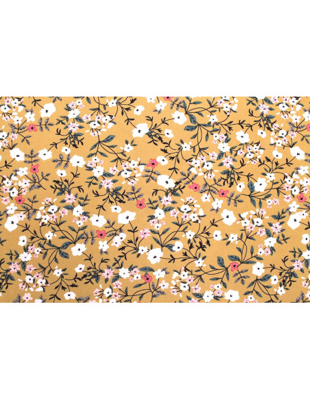 Tissu Popeline Viscose Imprimé Fleur Satini Moutarde -Au Mètre
