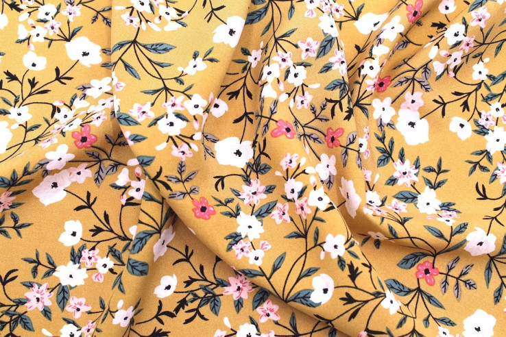 Tissu Popeline Viscose Imprimé Fleur Satini Moutarde -Au Mètre