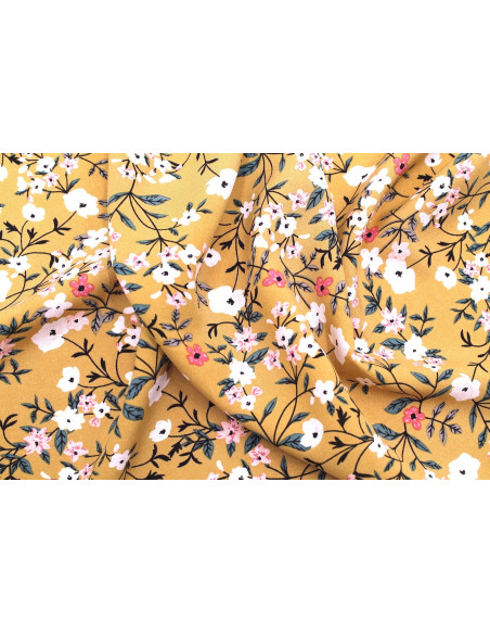 Tissu Popeline Viscose Imprimé Fleur Satini Moutarde -Au Mètre