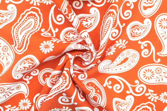 Tissu Popeline Viscose Imprimé Paisley Orange -Au Mètre