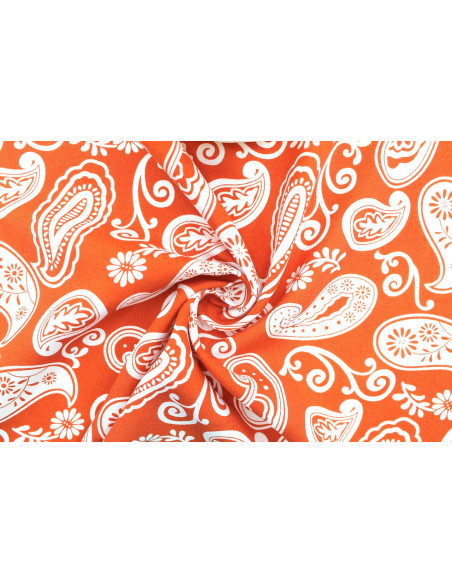 Tissu Popeline Viscose Imprimé Paisley Orange -Au Mètre