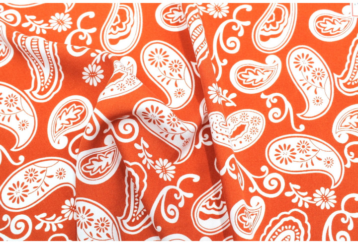 Tissu Popeline Viscose Imprimé Paisley Orange -Au Mètre