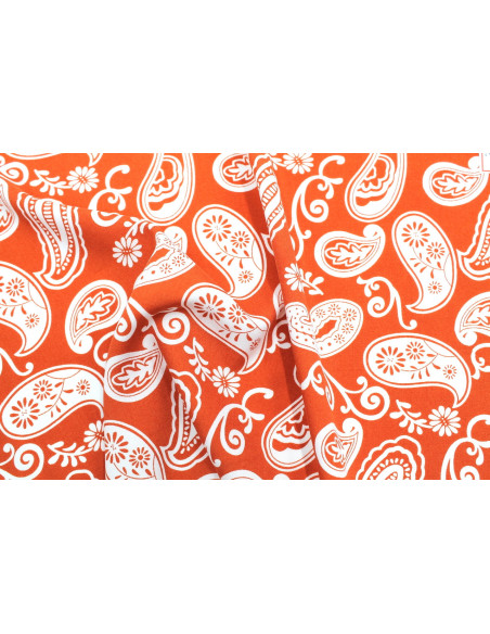 Tissu Popeline Viscose Imprimé Paisley Orange -Au Mètre