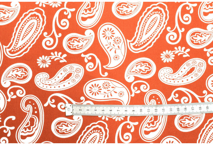 Tissu Popeline Viscose Imprimé Paisley Orange -Au Mètre
