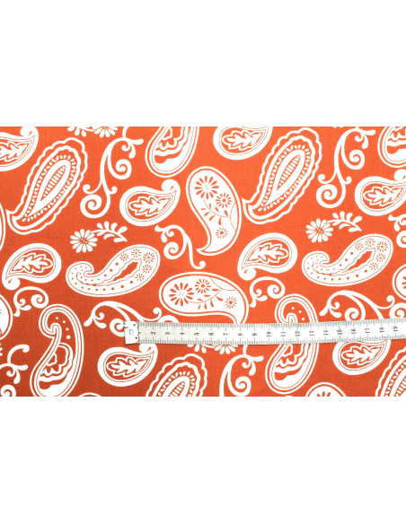 Tissu Popeline Viscose Imprimé Paisley Orange -Au Mètre