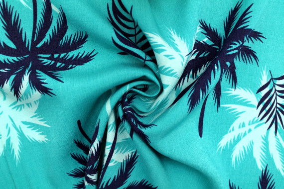 Tissu Popeline Viscose Imprimé Cocotier Turquoise -Au Mètre