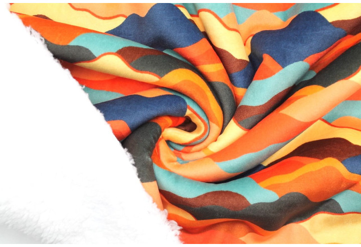 Tissu Velours Ras Montagnes Multicolor envers Sherpa Blanc -Au Mètre