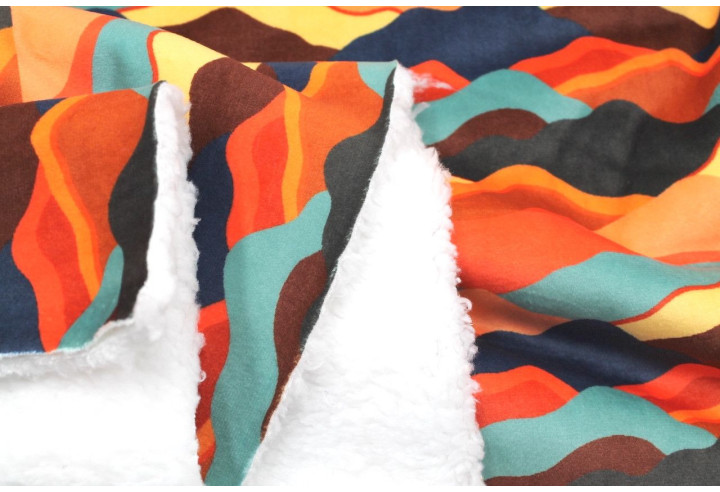 Tissu Velours Ras Montagnes Multicolor envers Sherpa Blanc -Au Mètre