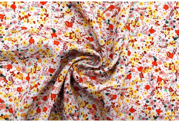 Tissu Gabardine Viscose Imprimé Petites Fleurs Orange -Au Mètre