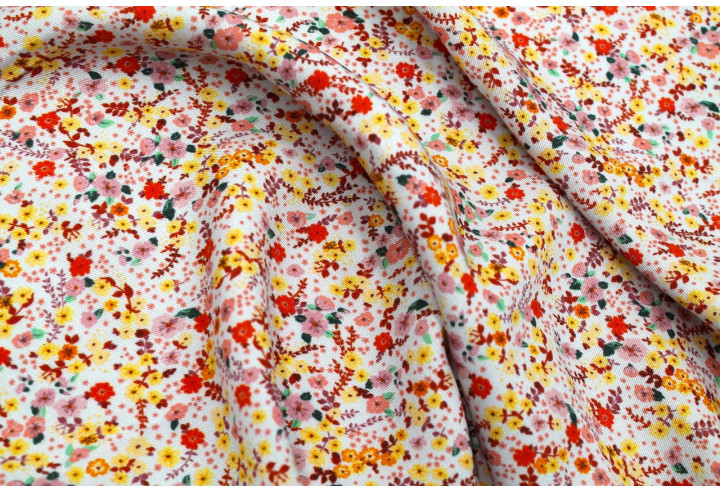 Tissu Gabardine Viscose Imprimé Petites Fleurs Orange -Au Mètre