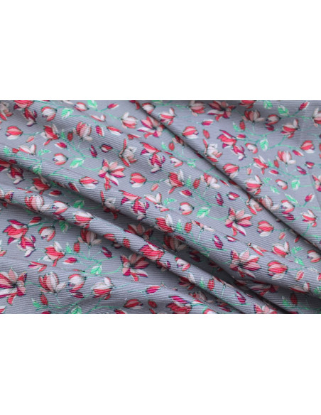 Tissu Velours Côtelé Fleur Magnolia Gris -Au Mètre