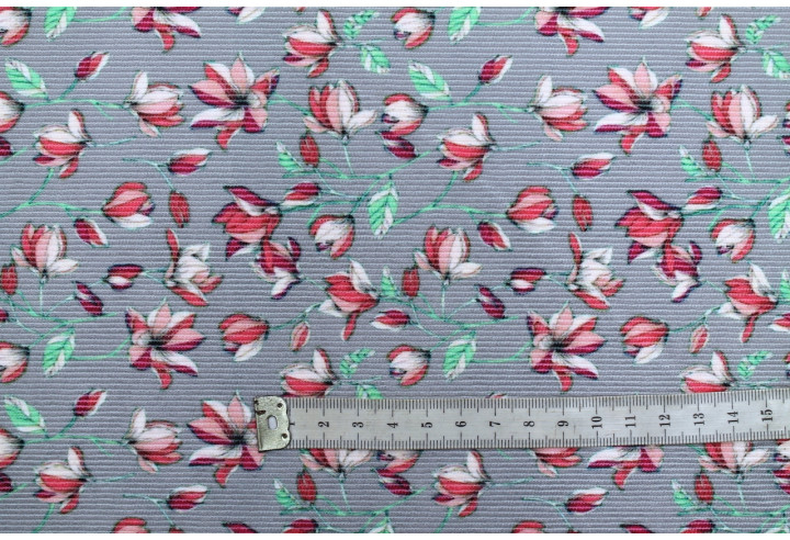 Tissu Velours Côtelé Fleur Magnolia Gris -Au Mètre
