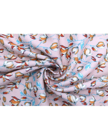 Tissu Velours Côtelé Fleur Magnolia Beige -Au Mètre