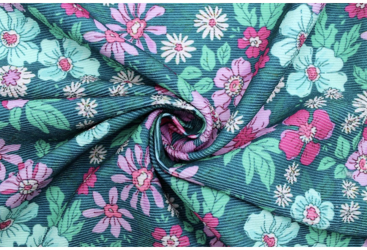 Tissu Velours Côtelé Fleur Hibiscus Vert -Au Mètre