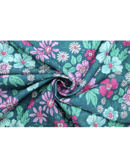 Tissu Velours Côtelé Fleur Hibiscus Vert -Au Mètre