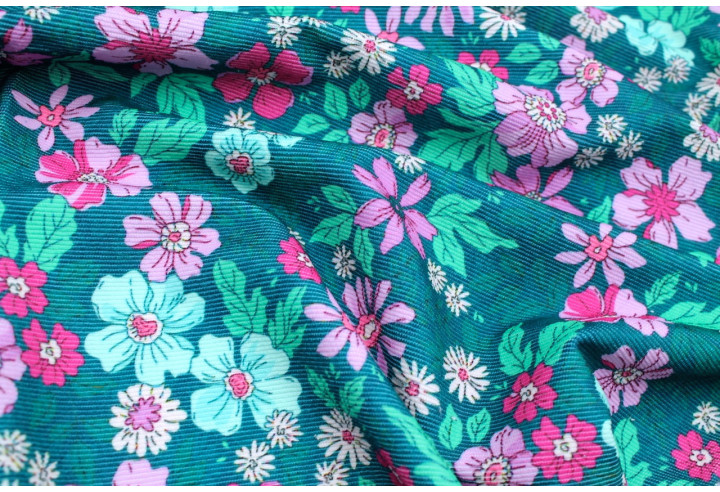 Tissu Velours Côtelé Fleur Hibiscus Vert -Au Mètre