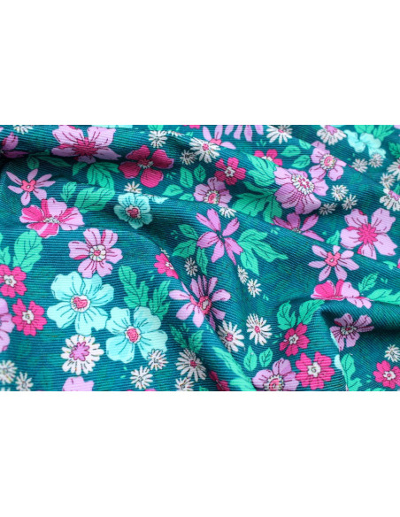 Tissu Velours Côtelé Fleur Hibiscus Vert -Au Mètre