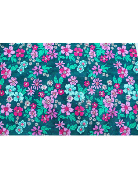Tissu Velours Côtelé Fleur Hibiscus Vert -Au Mètre