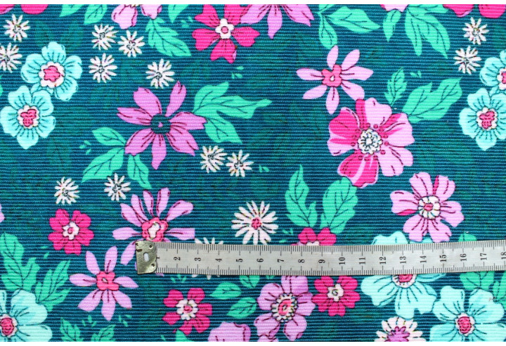 Tissu Velours Côtelé Fleur Hibiscus Vert -Au Mètre