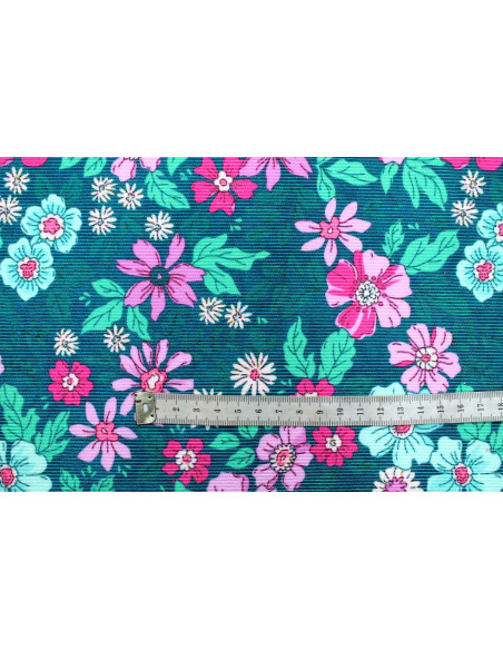 Tissu Velours Côtelé Fleur Hibiscus Vert -Au Mètre