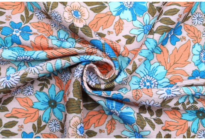Tissu Velours Côtelé Fleur Hibiscus Beige -Au Mètre