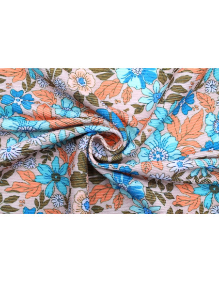 Tissu Velours Côtelé Fleur Hibiscus Beige -Au Mètre