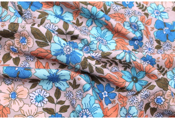 Tissu Velours Côtelé Fleur Hibiscus Beige -Au Mètre