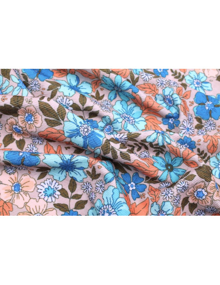 Tissu Velours Côtelé Fleur Hibiscus Beige -Au Mètre
