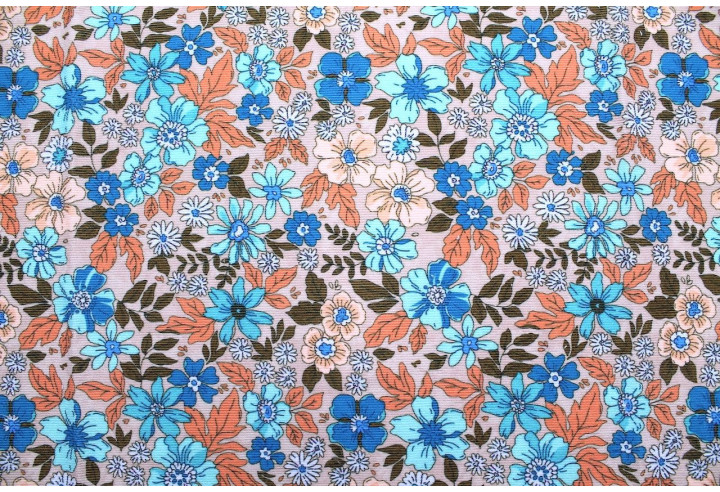 Tissu Velours Côtelé Fleur Hibiscus Beige -Au Mètre