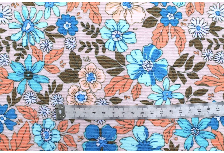 Tissu Velours Côtelé Fleur Hibiscus Beige -Au Mètre