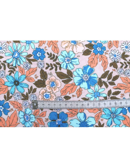 Tissu Velours Côtelé Fleur Hibiscus Beige -Au Mètre