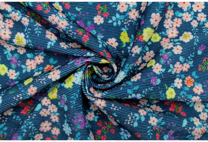 Tissu Velours Côtelé Petites fleurs Marine -Au Mètre