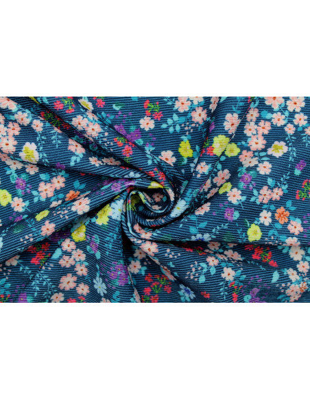 Tissu Velours Côtelé Petites fleurs Marine -Au Mètre