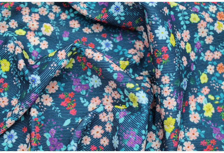 Tissu Velours Côtelé Petites fleurs Marine -Au Mètre
