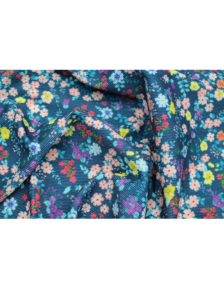 Tissu Velours Côtelé Petites fleurs Marine -Au Mètre