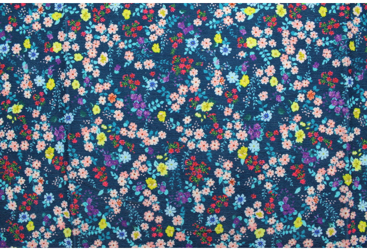 Tissu Velours Côtelé Petites fleurs Marine -Au Mètre