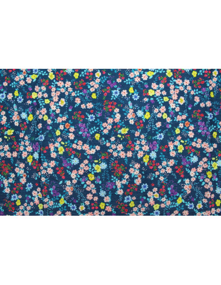 Tissu Velours Côtelé Petites fleurs Marine -Au Mètre