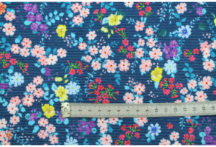 Tissu Velours Côtelé Petites fleurs Marine -Au Mètre