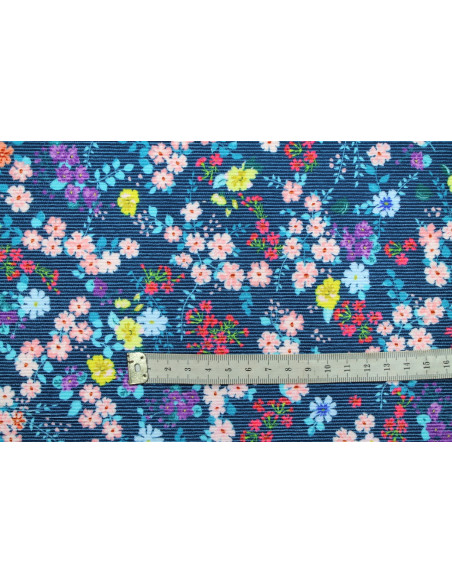 Tissu Velours Côtelé Petites fleurs Marine -Au Mètre