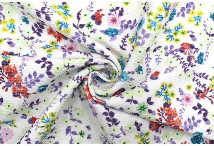 Tissu Velours Côtelé Petites fleurs Blanc -Au Mètre