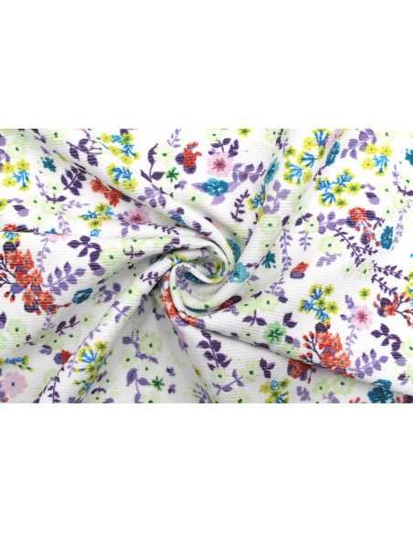 Tissu Velours Côtelé Petites fleurs Blanc -Au Mètre