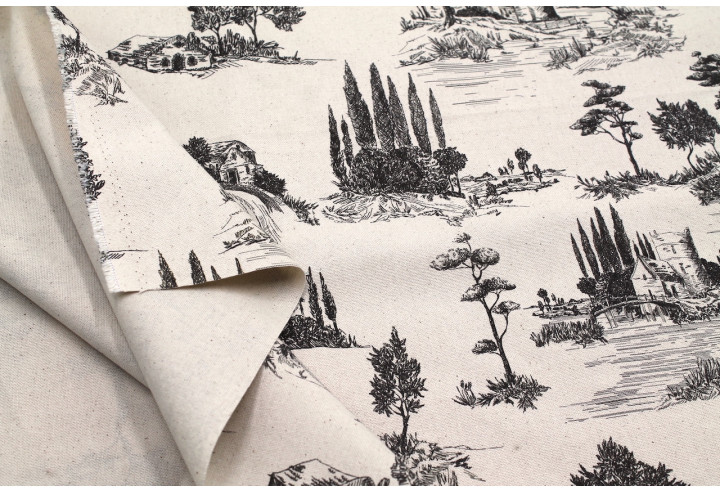 Tissu Coton Toile de Jouy Paysage Pastoral Noir -Au Mètre