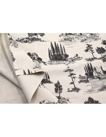Tissu Coton Toile de Jouy Paysage Pastoral Noir -Au Mètre