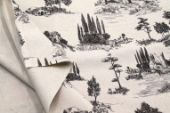 Tissu Coton Toile de Jouy Paysage Pastoral Noir -Au Mètre