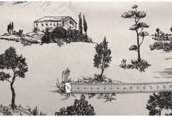 Tissu Coton Toile de Jouy Paysage Pastoral Noir -Au Mètre