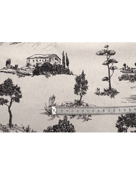 Tissu Coton Toile de Jouy Paysage Pastoral Noir -Au Mètre