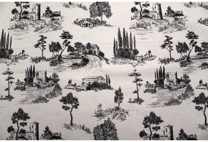 Tissu Coton Toile de Jouy Paysage Pastoral Noir -Au Mètre