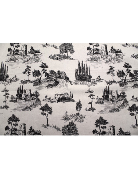 Tissu Coton Toile de Jouy Paysage Pastoral Noir -Au Mètre