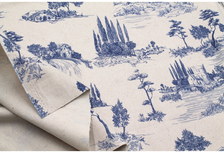 Tissu Coton Toile de Jouy Paysage Pastoral Bleu -Au Mètre