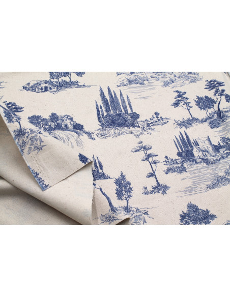 Tissu Coton Toile de Jouy Paysage Pastoral Bleu -Au Mètre